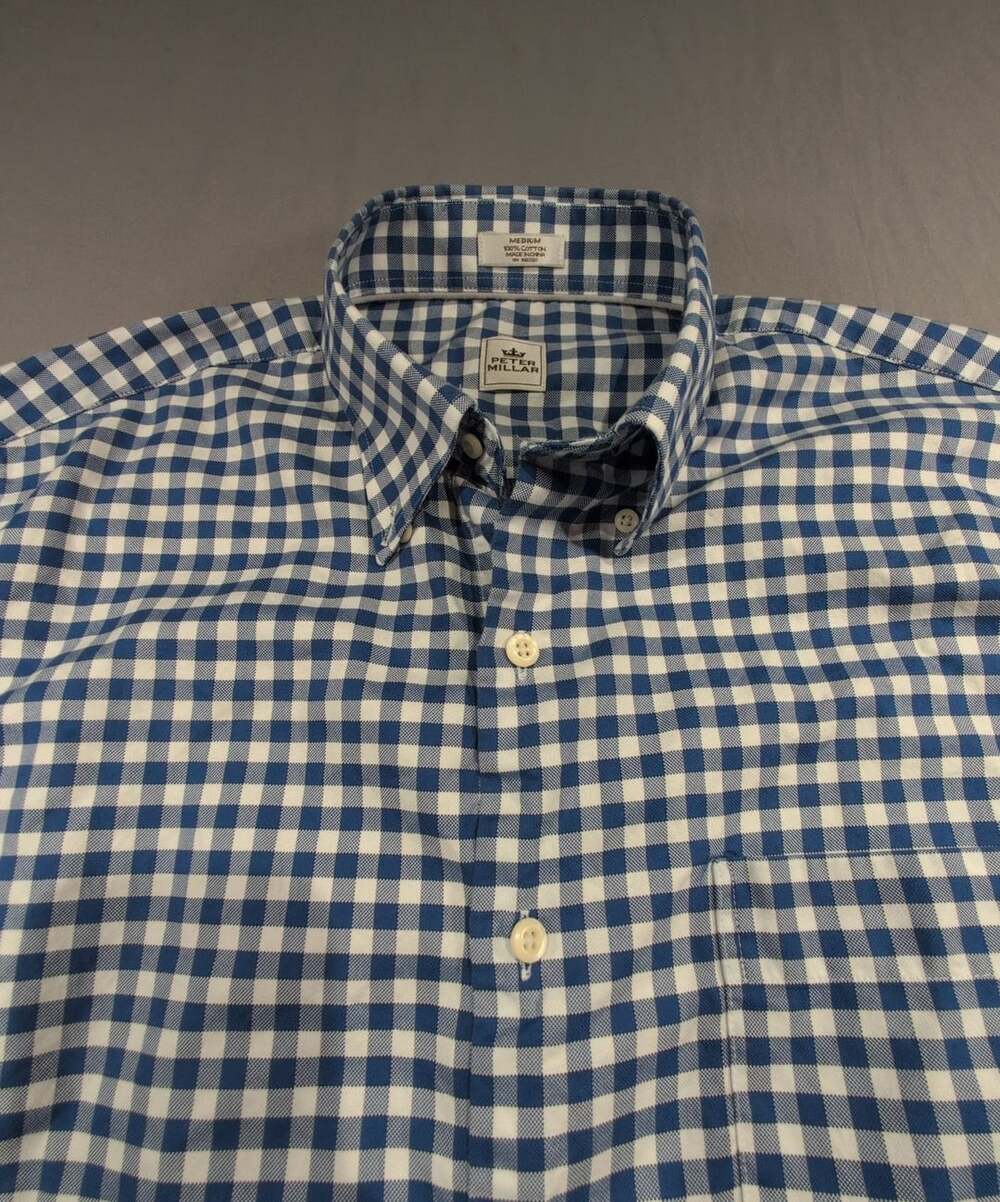 Peter Millar Gingham Sport Shirt Size M Blue White Long Sleeve 100% Cotton Golf